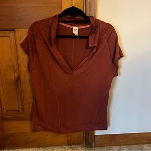 Free People short sleeve collared v neck shirt